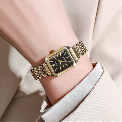 Montre à quartz de luxe pour femme, plaquée or, échelles simples et acier inoxydable, élégante et durable.