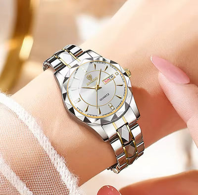 Montre de luxe pour femme, à quartz, étanche, lumineuse, avec affichage de la date et boîtier en acier inoxydable.