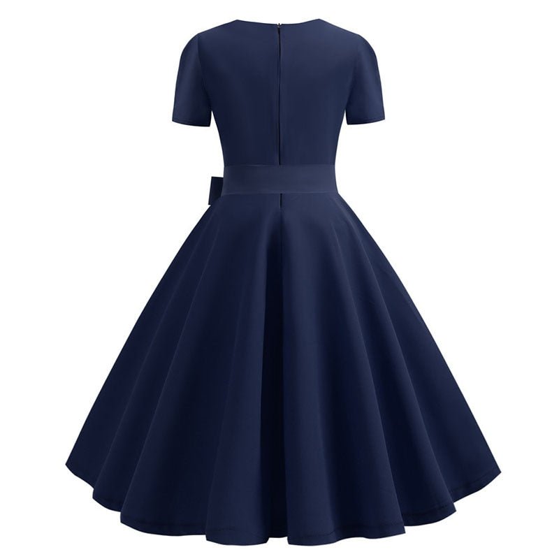 AXOE Robe Vintage Années 50 Pin-up Unie Élégante Ceinture Fixe Manches Courtes - Cocktail & Travail