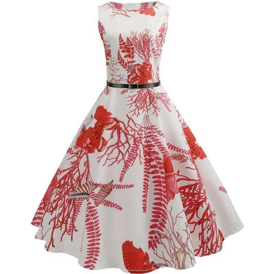Robe d'été blanche à motifs floraux rouge vintage style pin-up années 50 - Madame Pin Up