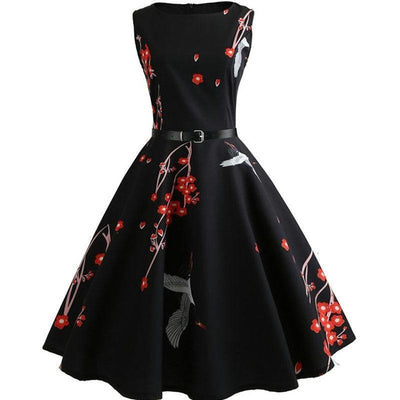 Robe d'été noire Retro Vintage Pin-up années 50-60 à motif floral - Madame Pin Up