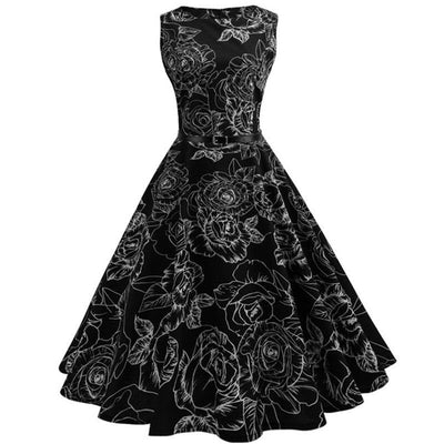 Robe noire à motif de roses blanches vintage rétro style pin-up des années 50 - Madame Pin Up