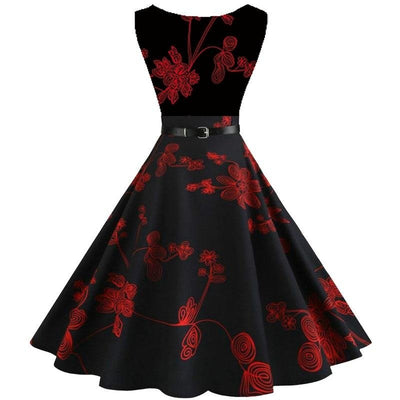 Robe noire à motifs floraux rouges style pin-up vintage années 50 - Madame Pin Up