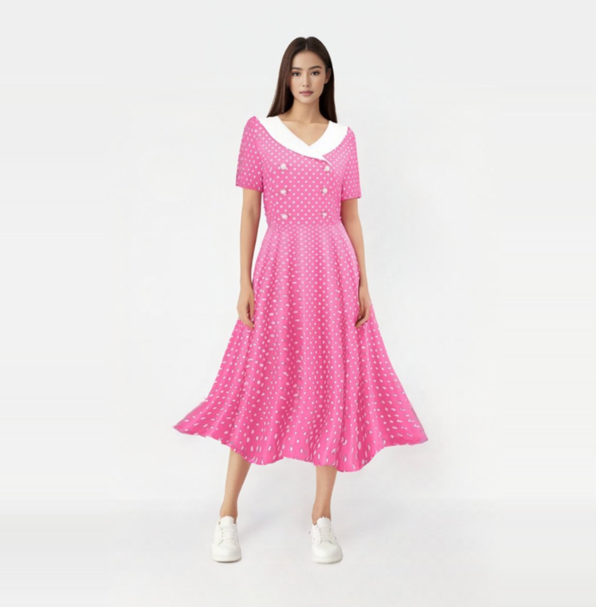 Faux Col Vintage Rose à Pois Blancs – Tissu épais – Bout Rond – Pinup